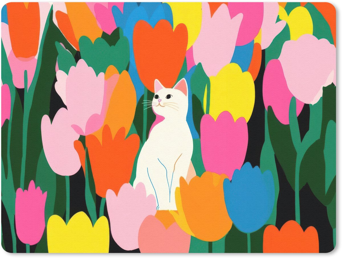 Muismat 23x19 cm - Mousepad Tulpen - Kat - Kleurrijk - Muismatten