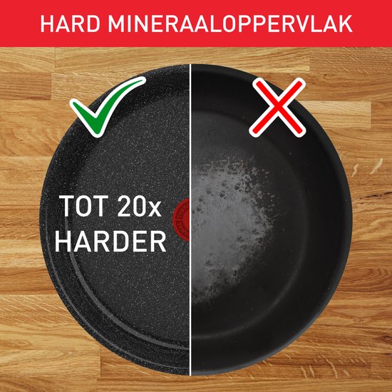 Vergelijking van panbodems: links de harde mineraalopperlak die tot 20x harder is, rechts een beschadigde panbodem.