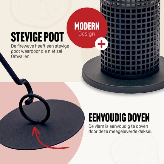 Close-up van de stevige poot en deksel van de Livin sfeerhaard, met tekst 'MODERN Design' en 'STEVIGE POOT'.