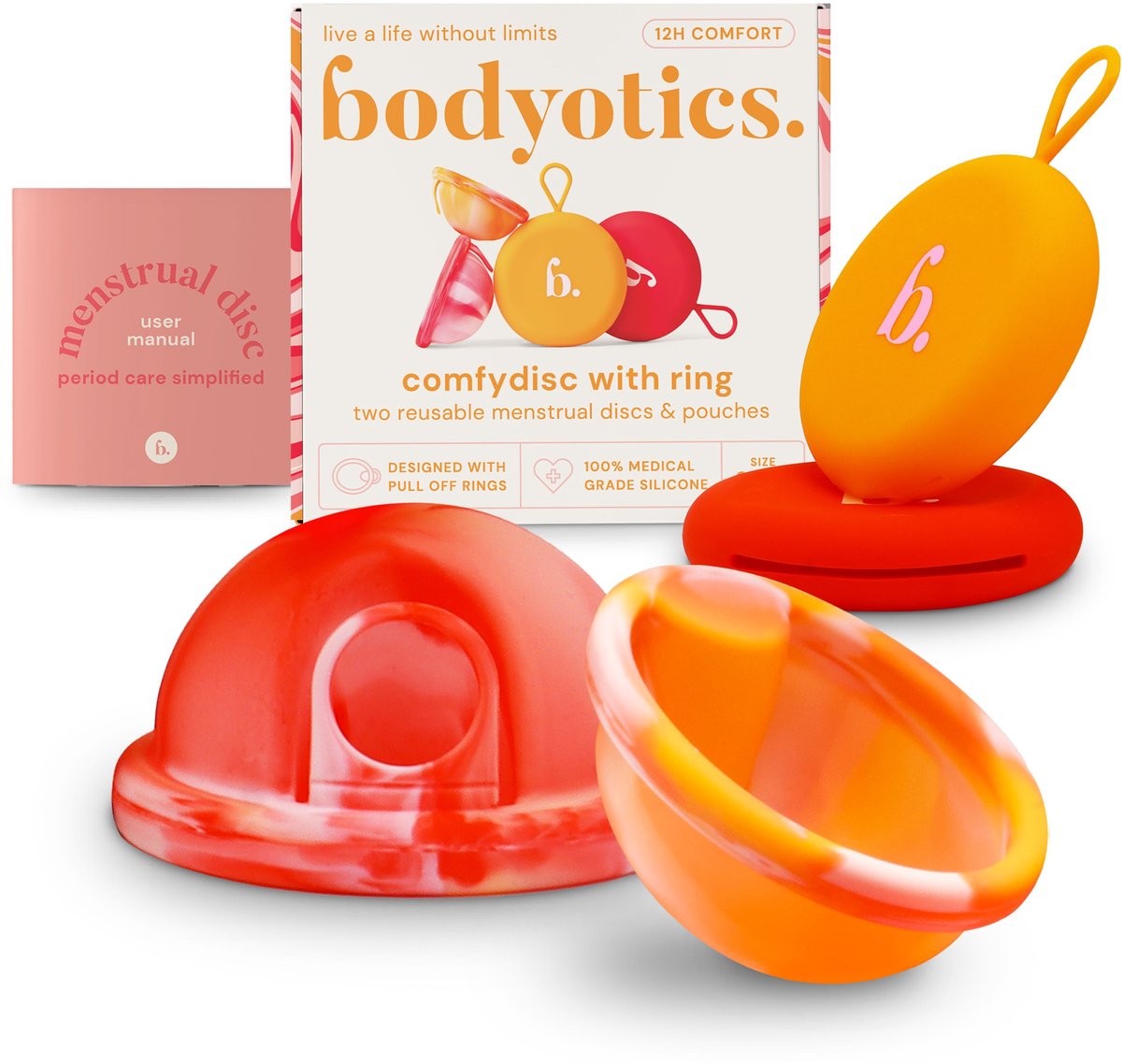 Bodyotics Comfydisc - Herbruikbare Menstruatie Discs - Menstrual Discs met Trekring - Maat S & L - Oranje - 2 stuks