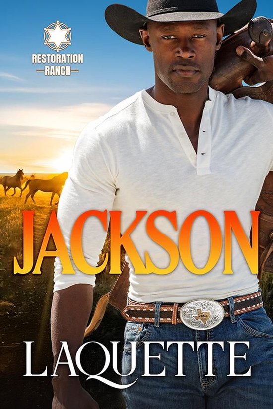 Een gespierde man met een donkere huidskleur draagt een witte henley, spijkerbroek en cowboyhoed. De tekst 'JACKSON' en 'LAQUETTE' is over de afbeelding heen geplaatst.