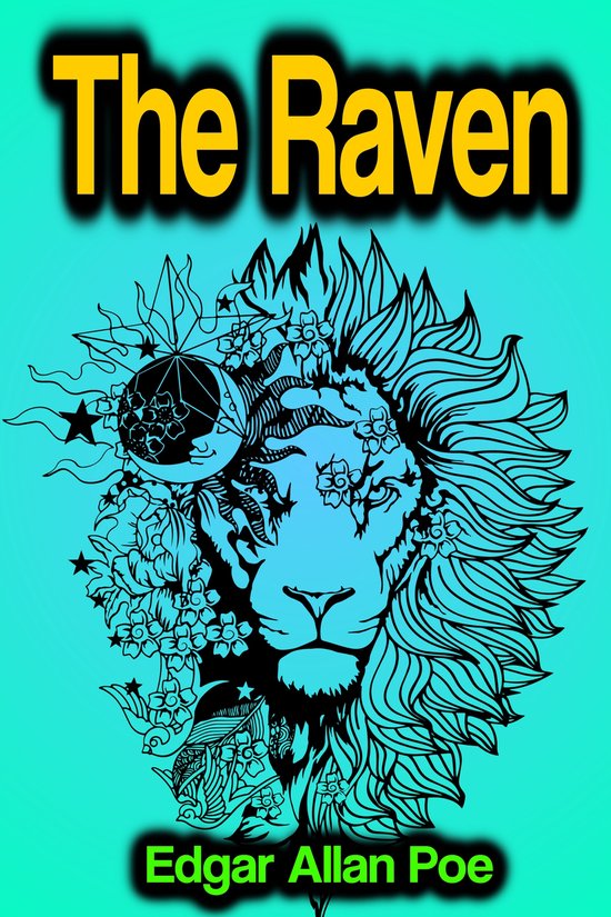 Couverture du livre 'The Raven' d'Edgar Allan Poe, avec une tête de lion stylisée en dessin au trait bleu-noir, ornée de fleurs et d'étoiles.