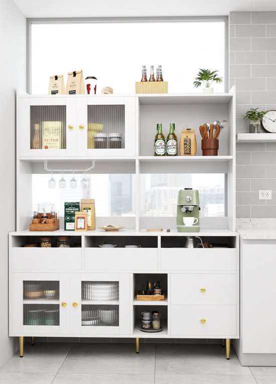 Keukenkast Buffetkast 145x39x171 Cm Wit - Met Wijnglasrek En Verstelbare Planken
