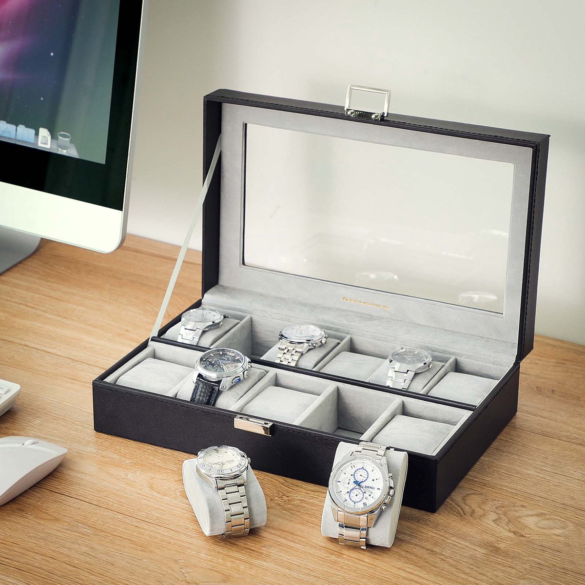 Horlogebox voor 11 Horloges 30x20x8 cm - Luxe Zwarte Horlogekist met Glasdeksel en Fluwelen Voering - PU Lederen Opbergdoos - Elegante Horlogehouder - Perfect Cadeau voor Mannen Vrouwen - Medahomestore