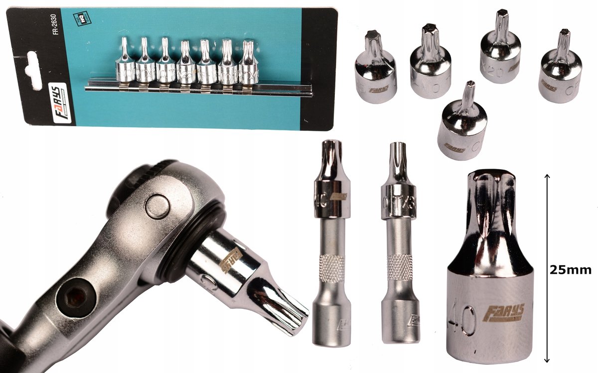 7-delige Torx-bitset 1/4" 25 mm op rail