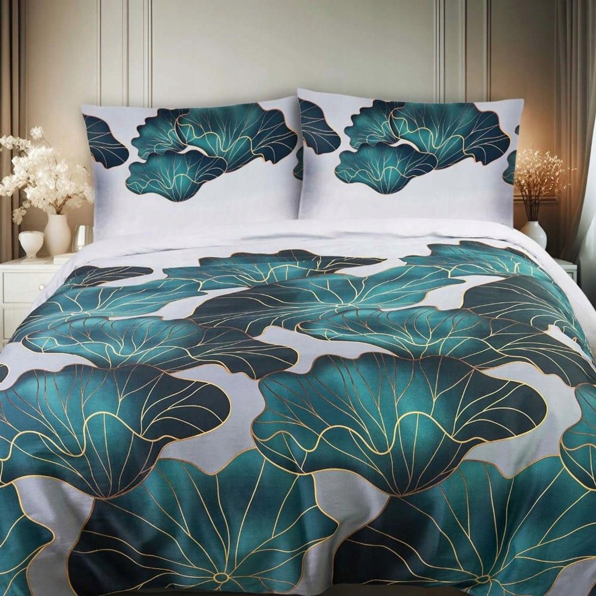 Satijnen Dekbedovertrek 140x200cm Wit Turquoise Bladeren met Kussensloop 70x80cm