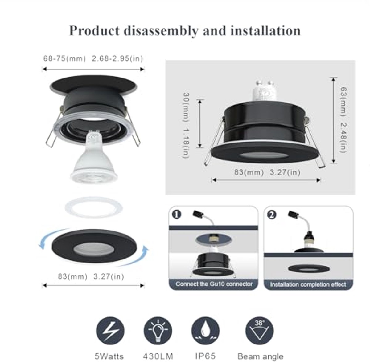 Waterdichte Inbouwspots voor Badkamer en Keuken - IP65 GU10 Plafondspots, Set van 4