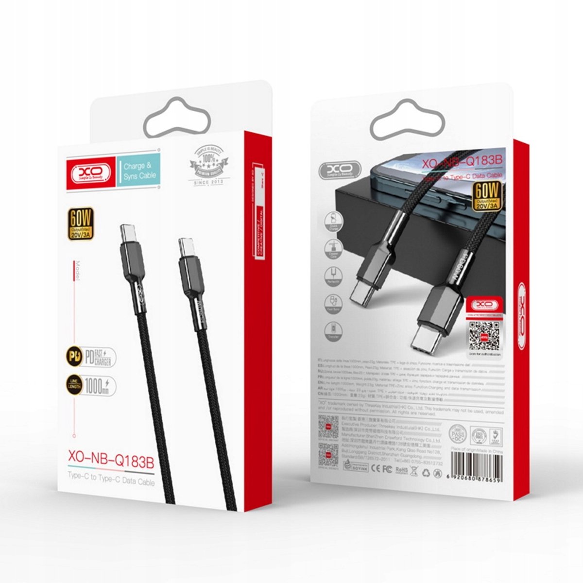 XO USB-C naar USB-C Kabel 1m 60W Zwart - Duurzaam Gevlochten