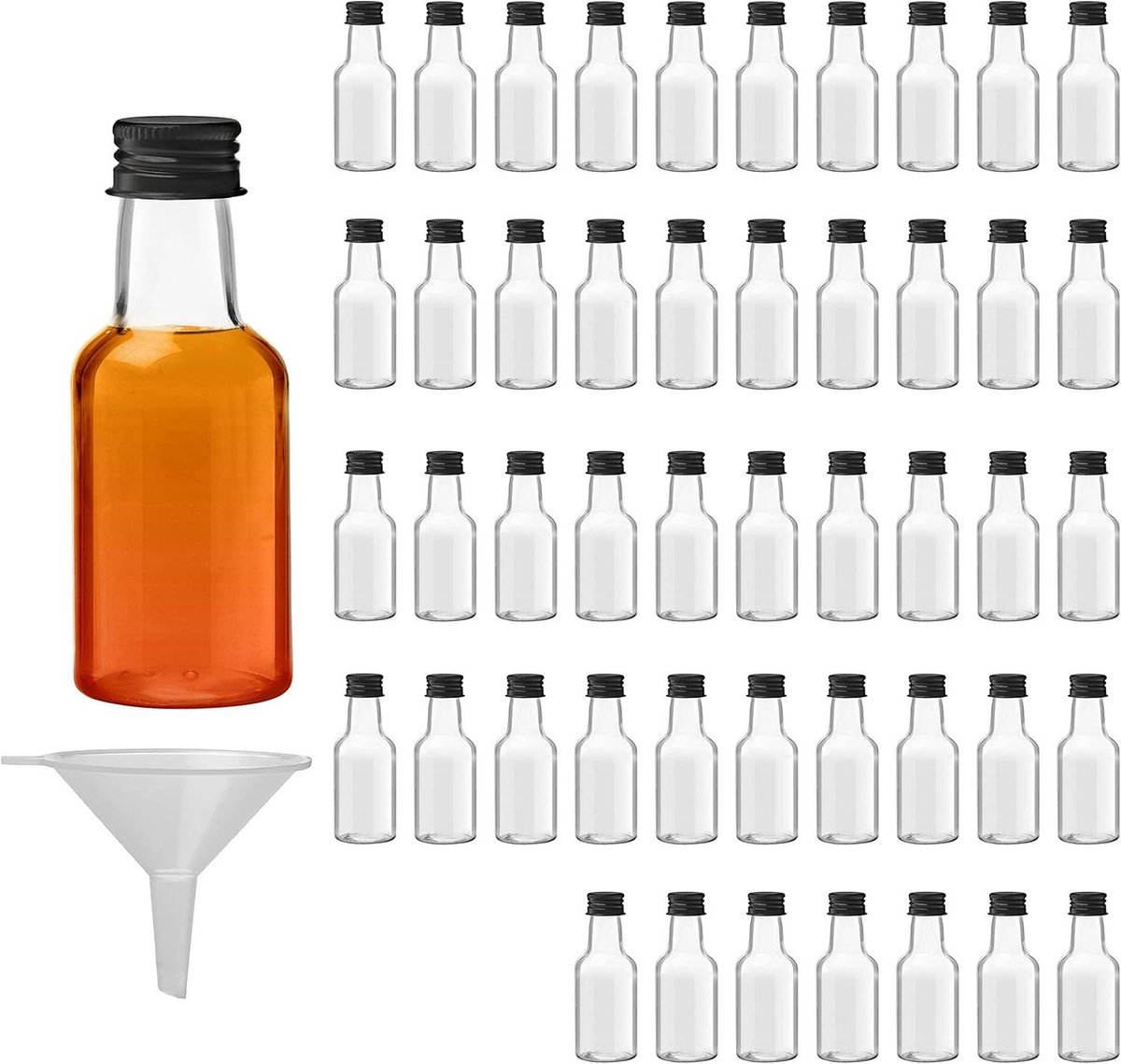 Image of 48 stuks herbruikbare mini-flessen van 25 ml met schroefdop en trechter - ideaal voor bruiloften en feesten