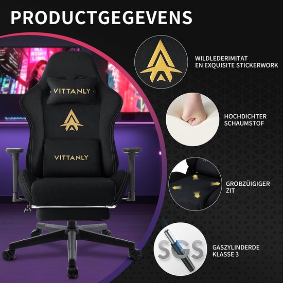 Zwarte gamerstoel Vittanly met gouden logo, imitatie wildleder, schuim met hoge dichtheid en SGS gasveer.