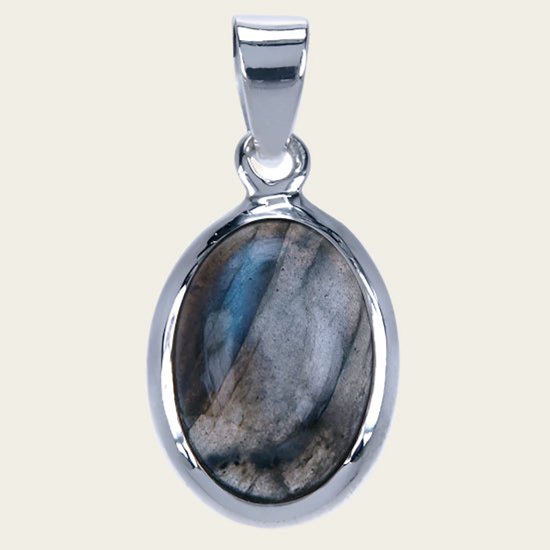 Pendentif chaîne en pierre précieuse Labradorite argentée ovale lisse