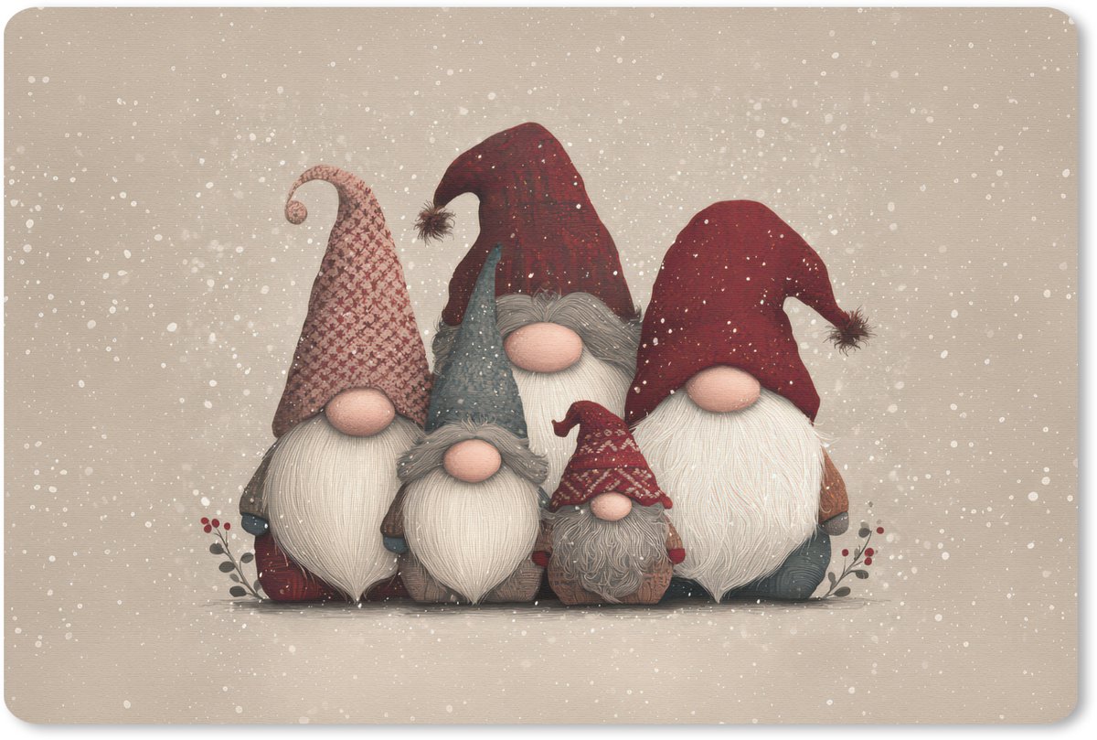 Muismat 27x18 cm - Mousepad Kabouters - Kerst - Sneeuw - Puntmutsen - Muismatten