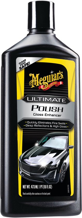 Zwarte fles Meguiar's Ultimate Polish met gele en grijze labels, waarop een glanzende auto staat.