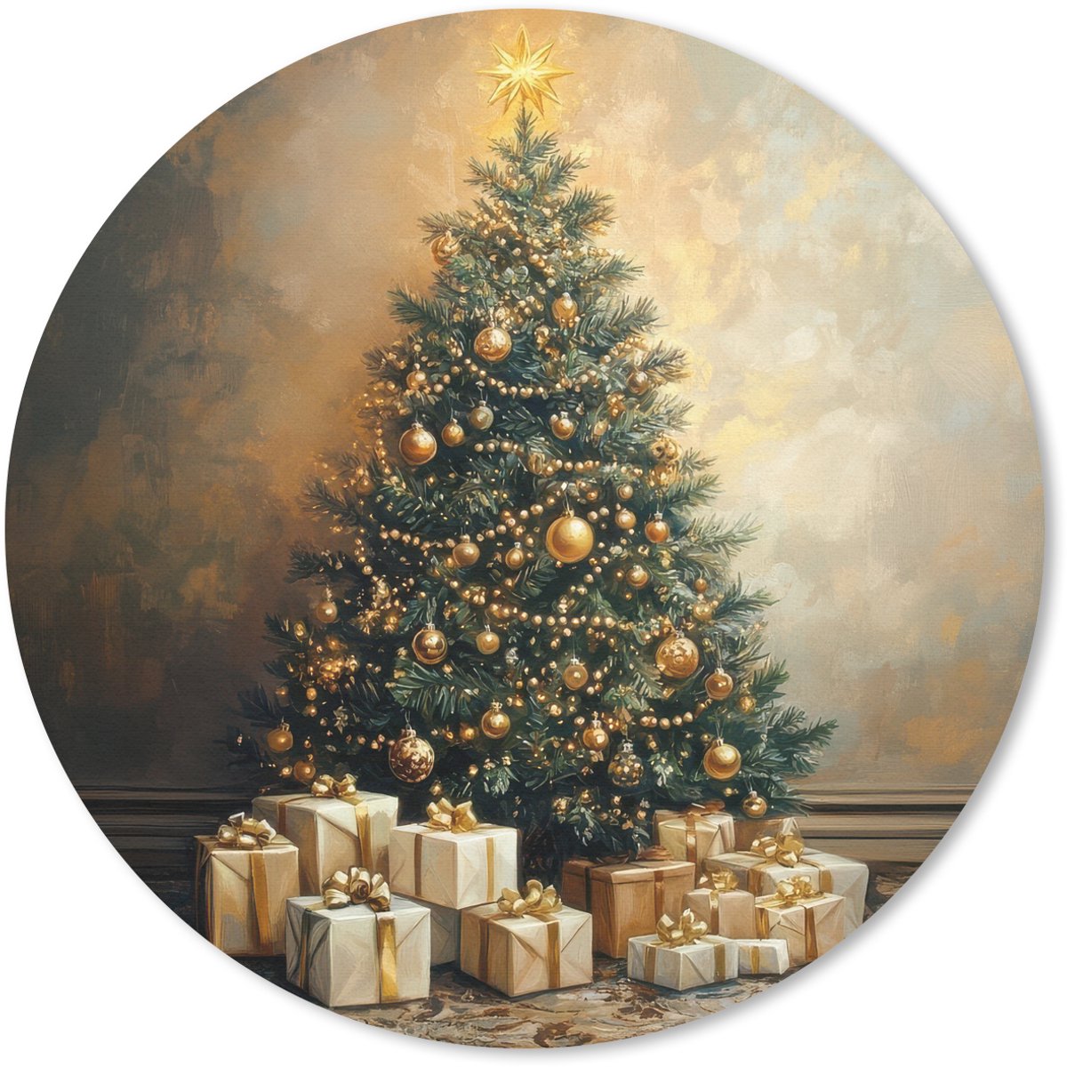 Muismat rond 20x20 cm - Mousepad Kerstboom - Cadeaus - Goud - Ronde muismatten