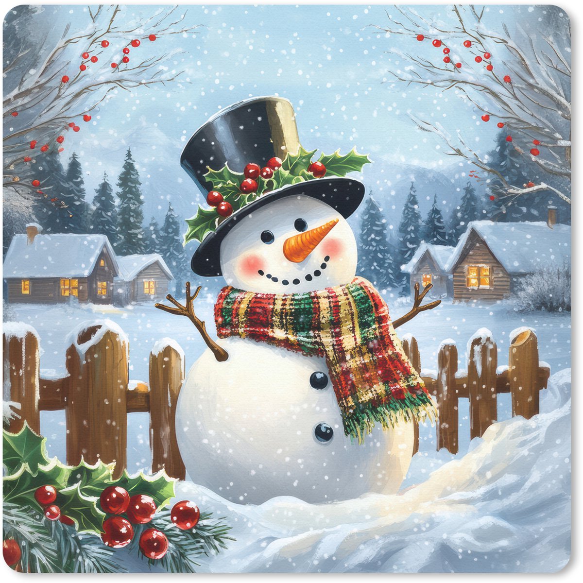 Muismat 30x30 cm - Mousepad Sneeuwpop - Winterdorp - Kleurrijk - Muismatten