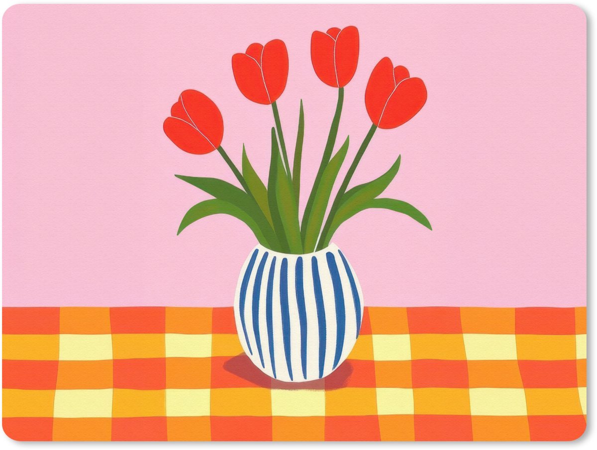 Muismat 23x19 cm - Mousepad Tulpen - Roze - Vaas - Muismatten