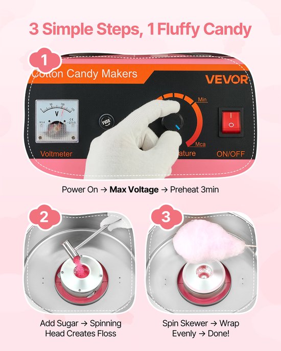 VEVOR Commerciële Suikerspinmachine Elektrische 1kW Roze Suikerspinmachine — afbeelding 3