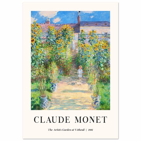 Claude Monet poster: Zonnige tuin met hoge zonnebloemen, pad en kind. 'The Artist's Garden at Vétheuil', 1881.