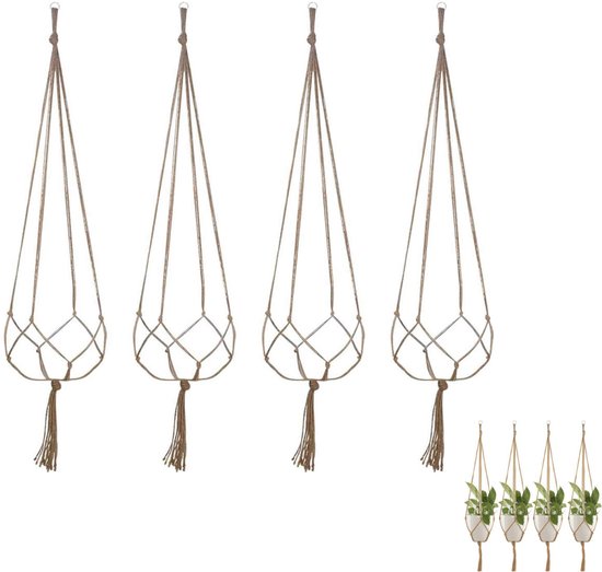 4 stuks - Plantenhanger - 90 cm - Plantenhanger voor bloempot - Bloempothanger - Plantenhanger macrame - Plantenbakken - Hangpot - jute canvas hangdecoraties - voor binnen en buiten - Voor balkons, wanddecoratie - bruin