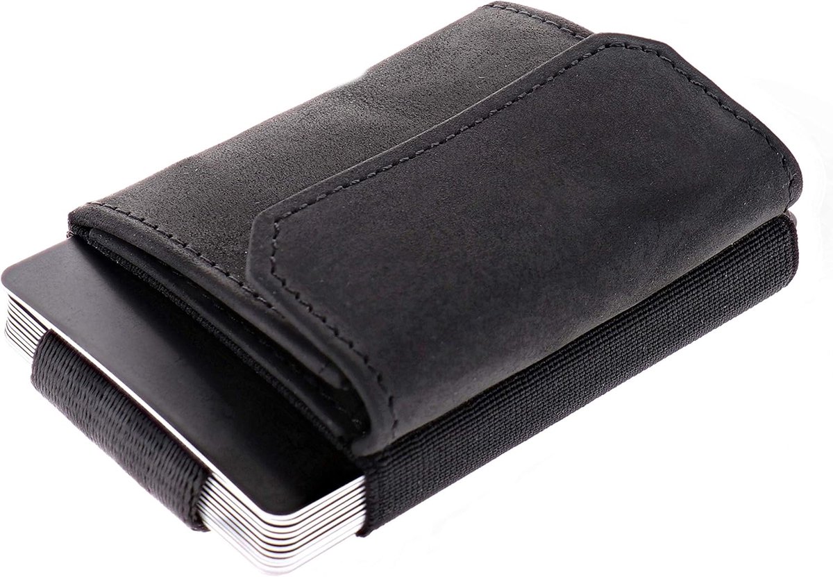 JAIMIE JACOBS Unisex minimalistische portemonnee, Nano Boy Pocket Mini textiel portemonnee met treklipje, slanke kaarthouder van leer, buffelleer zwart