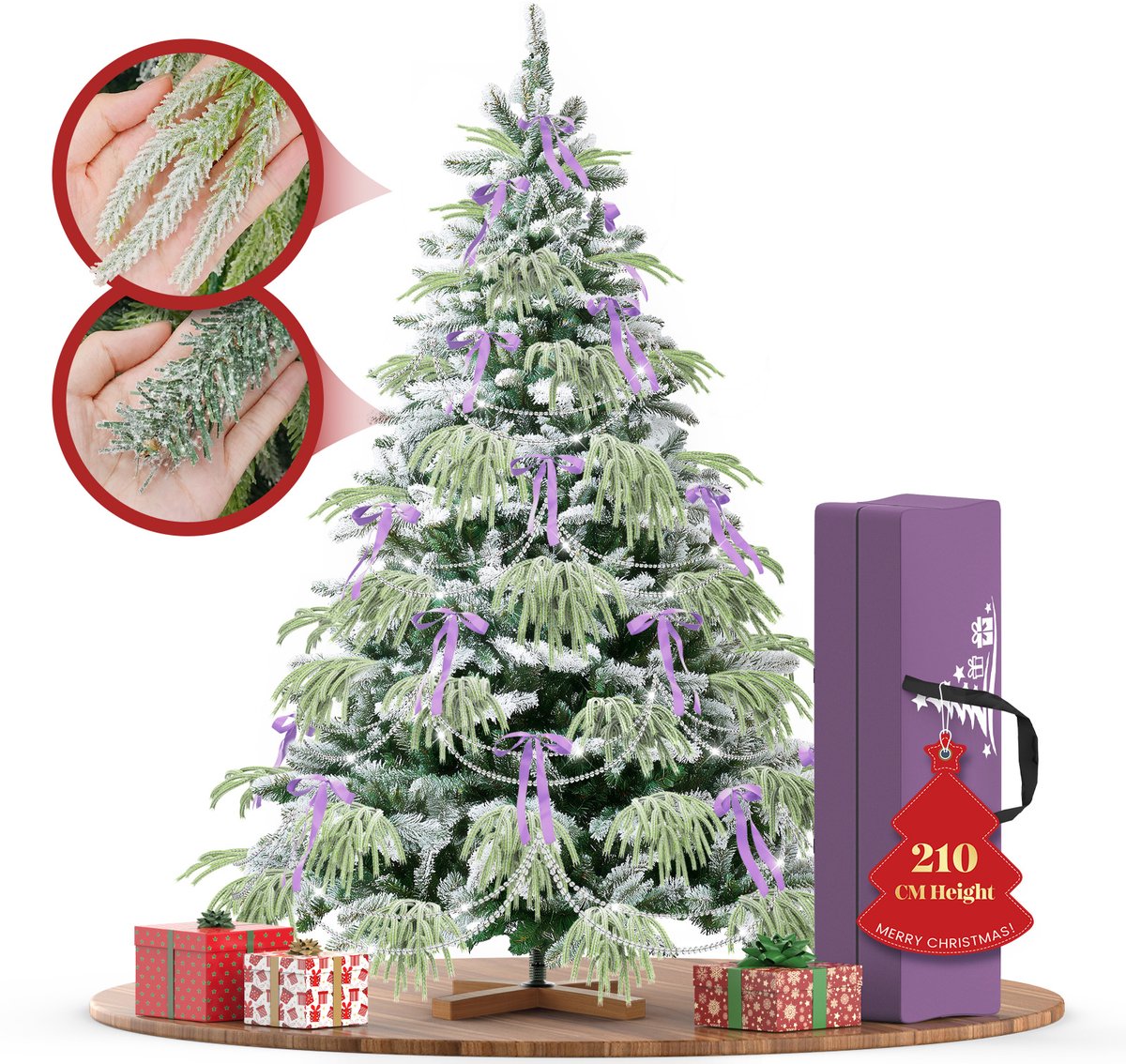 210 cm Kunstkerstboom - PVC + PE Groene Kerstboom - Kunstmatige Spar Met Sneeuweffect - Decoratieve Accessoires - Beschermende Handschoenen, Opbergtas, Houten Standaard, Snel te Monteren Vouwsysteem