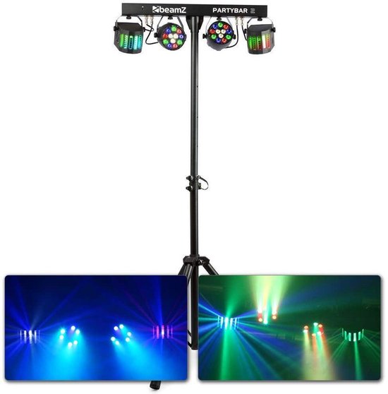 BeamZ Partybar met vier lichteffecten op een statief, met afbeeldingen van blauwe en groene lichtstralen.
