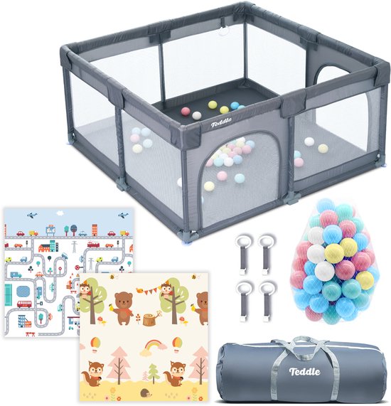 Teddle Grondbox – Inclusief Dubbelzijdige Speelmat – Baby Speelbox met 50x Speelballen