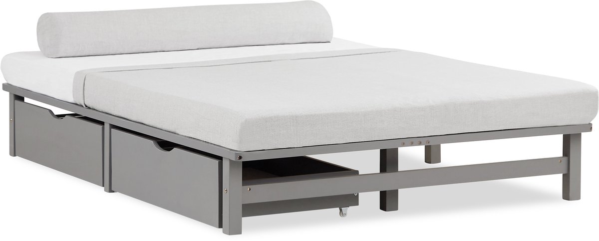 Homestyle4u Tweepersoonsbed - 140x200 cm - Houten bed - met 2 bedbakken - Grijs