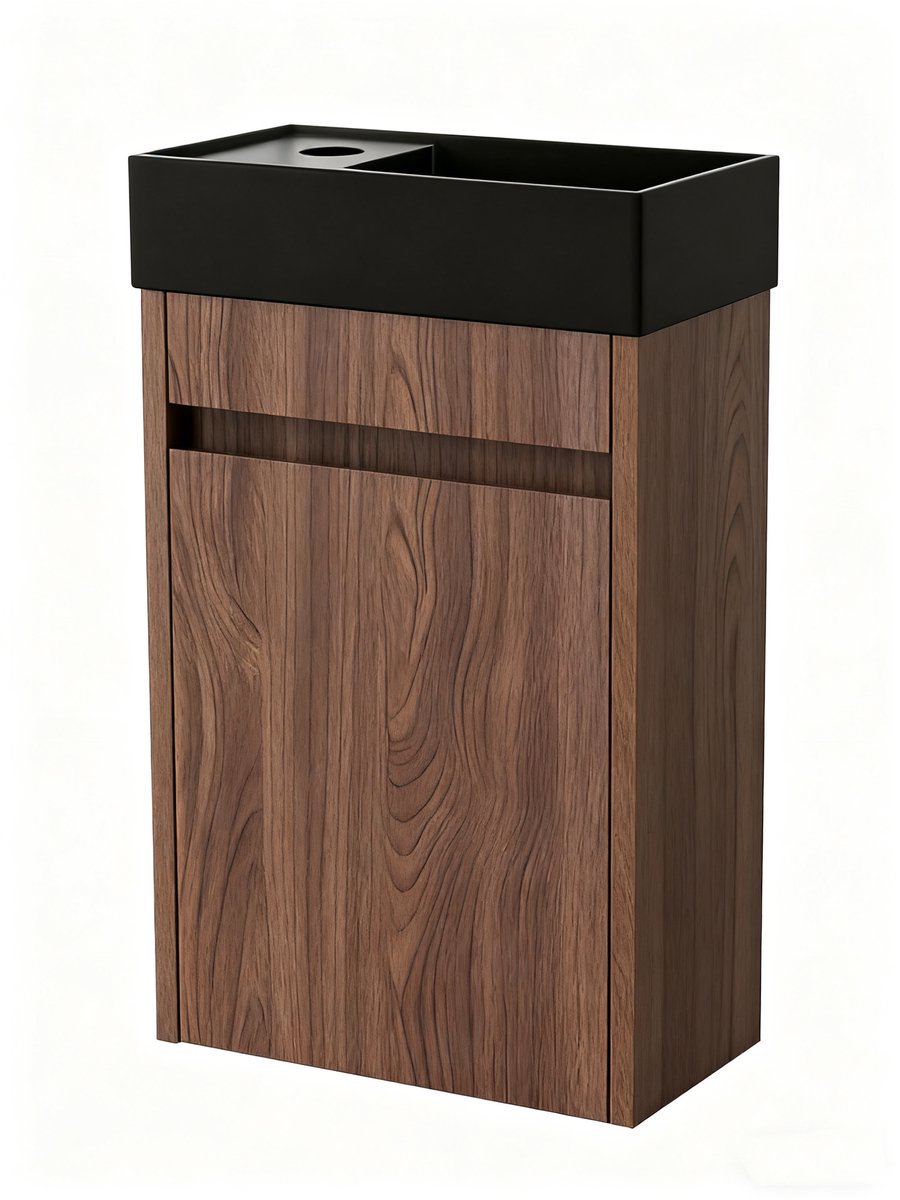 Nurion Toiletmeubel Emma - mat zwart basin en walnoot kast - 41 x 22,5 x 65 cm