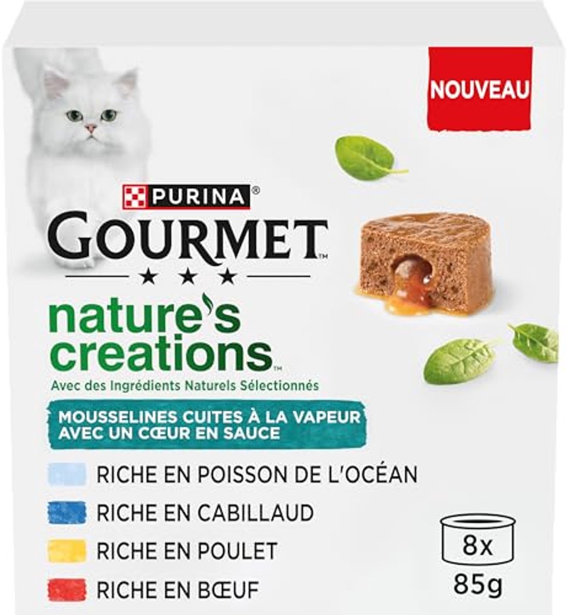 GOURMET Nature'S Creations, kat, mousselines hart van saus, kip-wortelen, rundvleestomaten, oceaanvis, spinazie, kabeljauw, pastinaak, 8 x 85 g