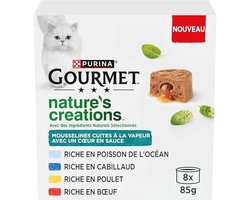 GOURMET Nature'S Creations, kat, mousselines hart van saus, kip-wortelen, rundvleestomaten, oceaanvis, spinazie, kabeljauw, pastinaak, 8 x 85 g