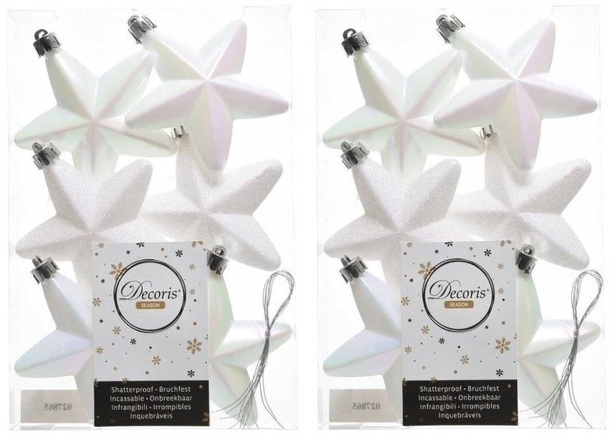 Decoris kersthanger sterren - 12x st - wit parelmoer - 7 cm - kunststof - kerstornamenten - kerstversiering
