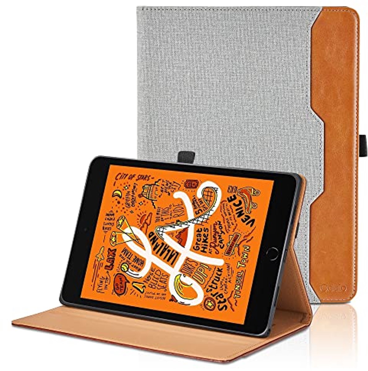 Beschermhoesje voor iPad Mini 5, 4, 3, 2, 1 Generacio, 7,9 inch (20,1 cm), PU-leer, verstelbare hoek, tablethoes met standfunctie en tas, automatische slaap/waakfunctie, grijs