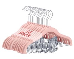 Wellong Kids Clothes Hangers Clip 30 cm Kids Clothes Hangers with 360° Rotating Hook, Non-Slip Velvet Hangers for Shirts, Trousers, Skirts, Dresses, Coats, Coats, 14 Pieces (Pink)