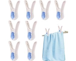Wasknijpers - 8 Stuks - Wasrek Knijpers - Wasknijpers Plastic - Knijpers Plastic - Strandlaken Knijpers - Grote Handdoek Klemmen - Badlaken Clips - Binnen En Buiten - Duurzaam - Opening 4 Cm - Blauw