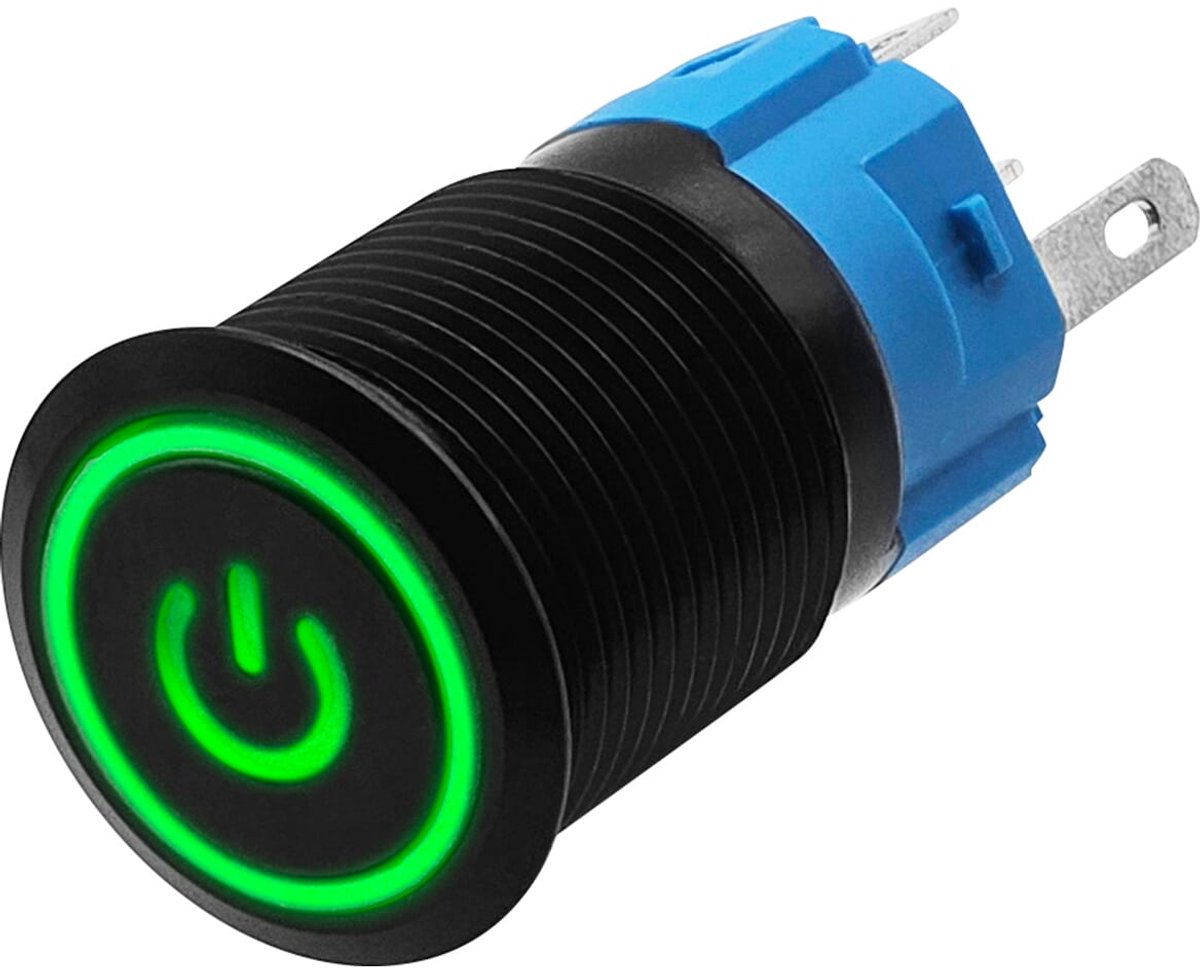 ProRide Metalen Drukschakelaar 12V ON-OFF - 16mm - Aan/uit schakelaar - Spatwaterdicht - 12V/24V - LED Indicatie Groen