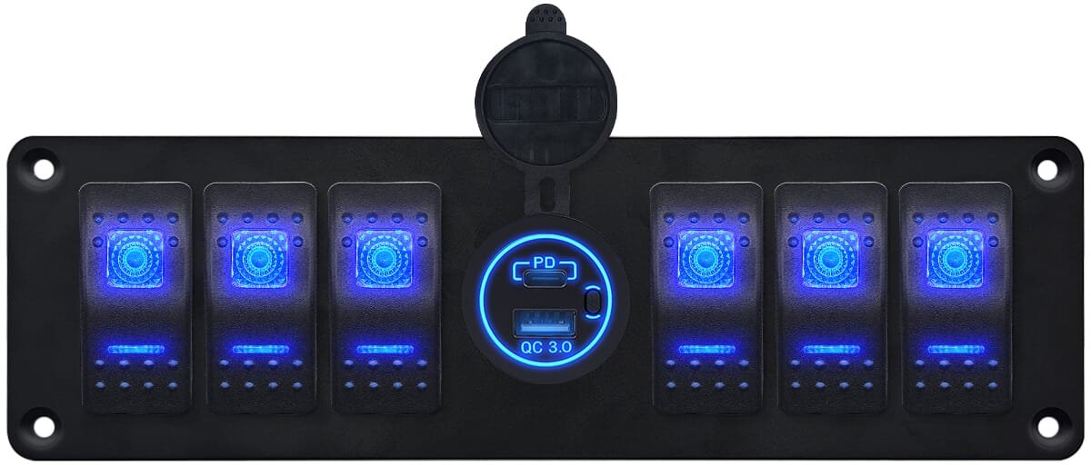 ProRide Schakelpaneel 12V voor Auto/Boot - USB/USB C Stopcontact 2 Poorten met Schakelaar - QC3.0 - 6 schakelaars - Blauw