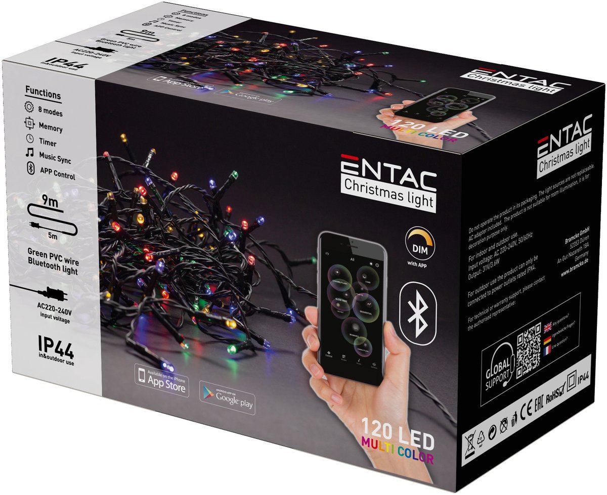 Entac Smart LED Lichtsnoer Kerst 9m - Bestuurbaar met App en Bluetooth - Kerstverlichting voor Buiten en Binnen - Gekleurd Licht RGB