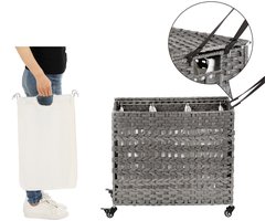 Luxe Handgeweven Wasmand met 3 Compartimenten – Grijs – Poly Rotan Wasmand met Deksel, Afneembare Waszakken & Metalen Frame – Grote Opvouwbare Wasmand 66x35x60,5 cm – Ideaal voor Slaapkamer, Badkamer & Wasruimte