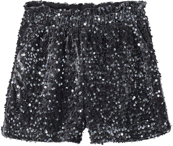 Korte broek van donkergrijs velours met pailletten en elastische tailleband.