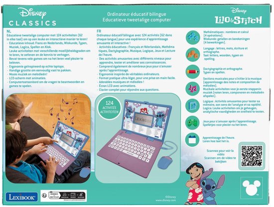 Verpakking van een roze Lexibook laptop met Stitch, met Nederlandse en Franse beschrijvingen en activiteiten.