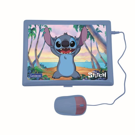 Blauwe Lexibook tablet met Stitch en palmboomafbeelding, met blauwe muis en draad.