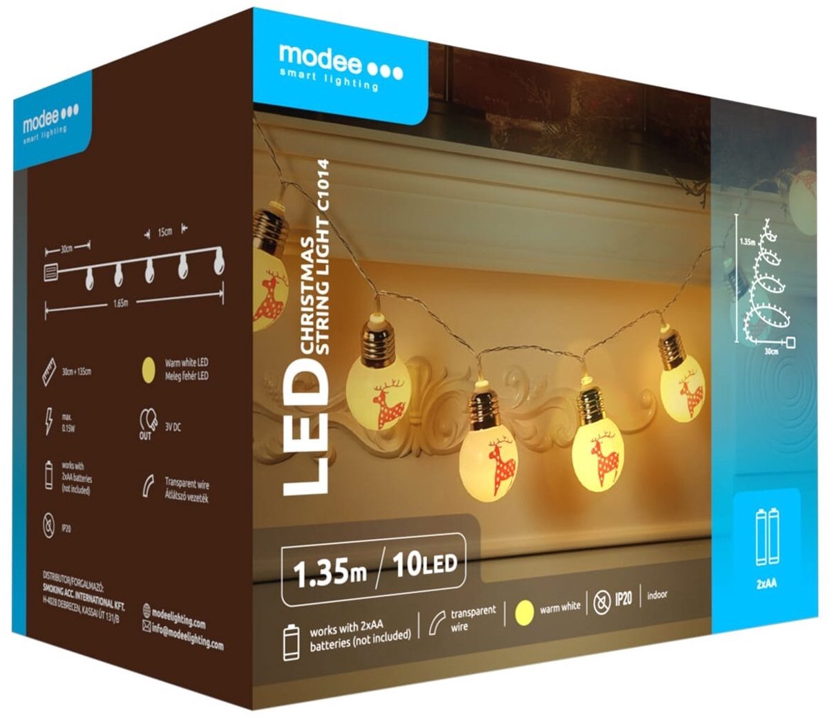 Modee Lichtsnoer Kerstballen met Rendieren 1.35 Meter - Kerstverlichting voor Binnen - Inclusief 3xAA Batterijen - 10 LED Lampjes IP20 - 2700K - Warm Wit Licht - 3 stuks