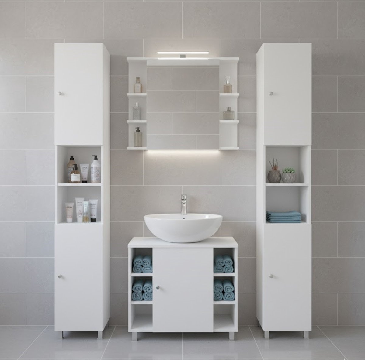 Luxe Badkamermeubelset Fynn Wit – 4-Delige Badkamerkast Set met Spiegelkast, Wasbakmeubel, Hoge Kast & Midi Kast – Moderne Badkamerkastenset met Veel Opbergruimte – 60 cm