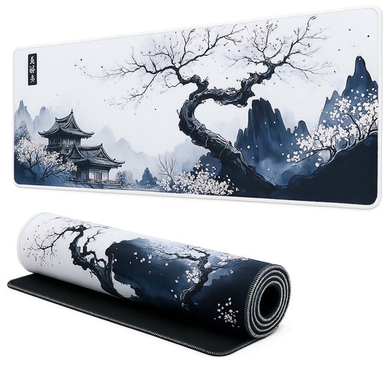 Intelectronics XXL Gaming Muismat - Stijlvolle en Functionele Bureaumat - Natuurlijk Rubber - Dubbel Genaaide Randen - Groot Formaat - Esthetisch Ontwerp - Perfect voor Thuiswerk - Kersenbloesem - Wit