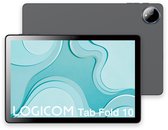 Grijze LOGICOM Tab Fold 10 tablet, weergave van de voorkant met blauw-groen abstracte achtergrond en achterkant.