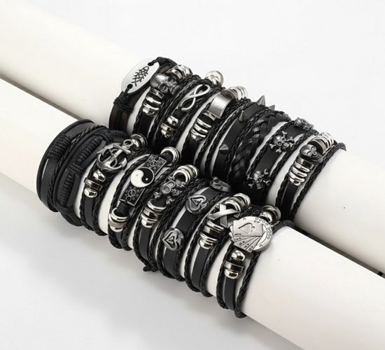 16-delige Heren Armbanden Set – Zwart Leer met Symbolen & Metalen Accenten