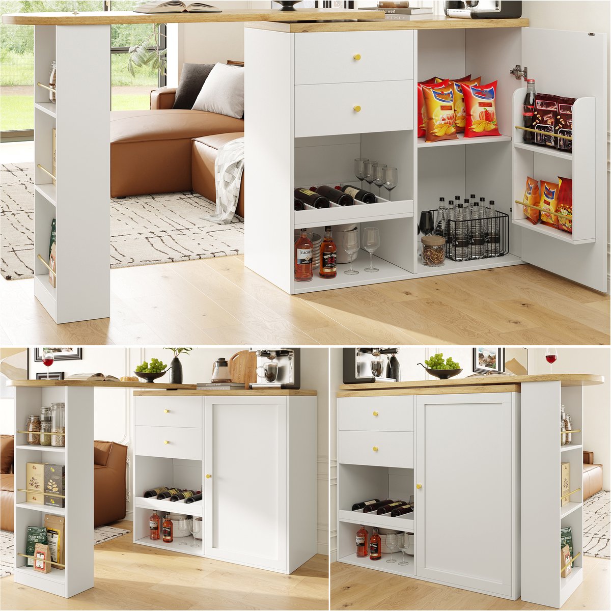 360° Draaibare Bartafel (105x39x102 cm) - Moderne Kast met 2 Lades, Schuifdeur & 3 Open Planken - Voor Woonkamer, Eetkamer of Kantoor