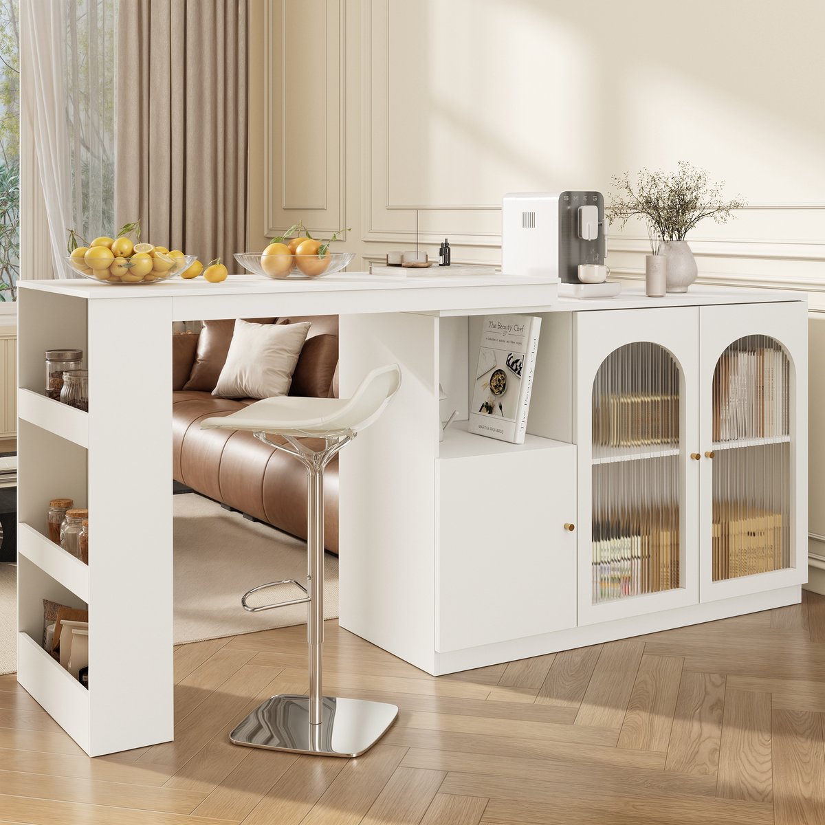 360° Draaibare Bartafel (120x40x97 cm) - Modern Wit Draaimeubel met Glas Deur - Multifunctionele Opbergkast voor Eethoek of Bar