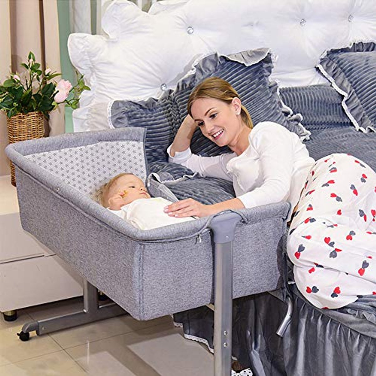 Babywieg, Opvouwbaar Babybed, Verstelbare Cododo Wieg met Draaibare Wielen en Muggennet - 96 x 57 x 77 cm, Grijs